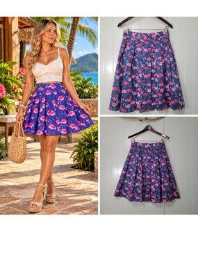 50s 60s MCM Retro Rockabilly Flamingo Tropical A-line Pleated Swing Midi Skirt